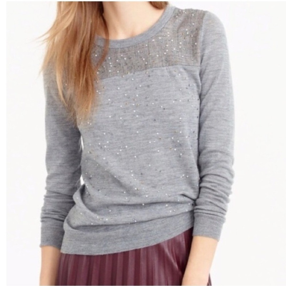 J.Crew Merino Wool Sweater Size L Grey Plaid Rhinestone Embellished‎ Crew Neck